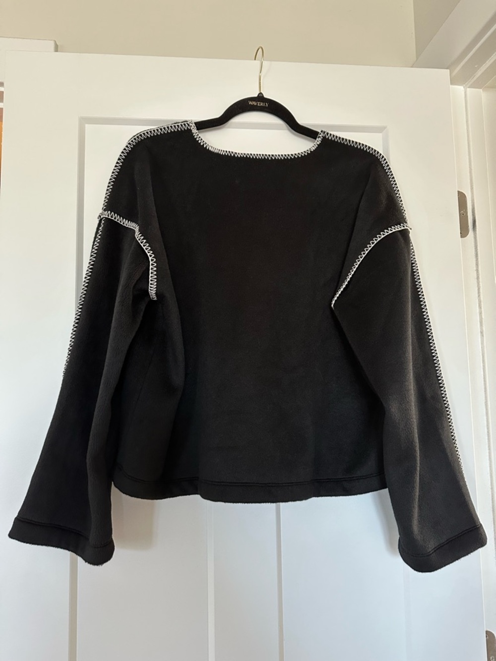 LOFT Black V-Neck Sweatshirt with White Zigzag Trim - Picture 2 of 4